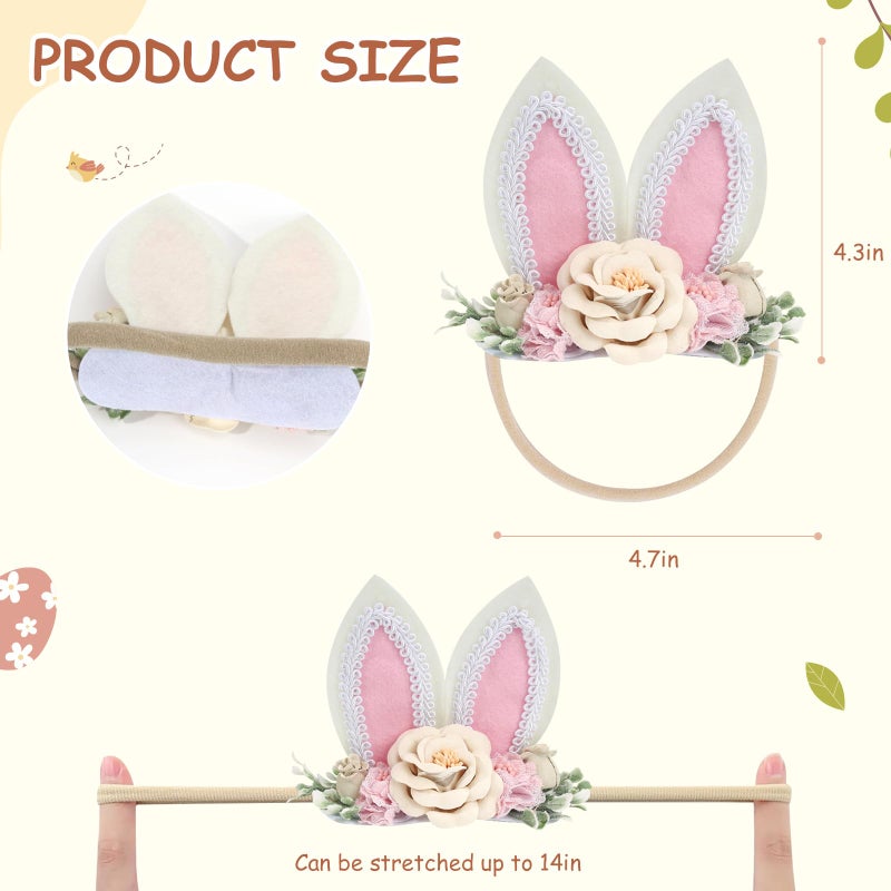 DNTYUISS Easter Bunny Headband for Baby Girl, Floral Nylon Elastic Hair Band with Flower Bow, Newborn Infant Toddler Easter Hair Accessories(Pink) - Image 2