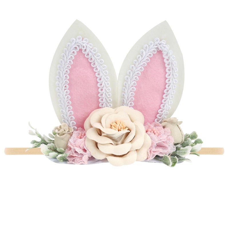 DNTYUISS Easter Bunny Headband for Baby Girl, Floral Nylon Elastic Hair Band with Flower Bow, Newborn Infant Toddler Easter Hair Accessories(Pink) - Image 1