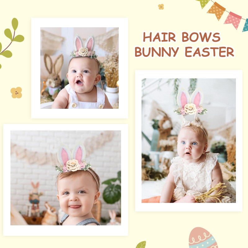 DNTYUISS Easter Bunny Headband for Baby Girl, Floral Nylon Elastic Hair Band with Flower Bow, Newborn Infant Toddler Easter Hair Accessories(Pink) - Image 5