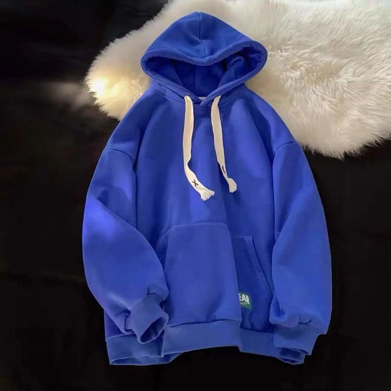 Mens Casual Klein Blue Hoodie with Drawstring White  - Image 4