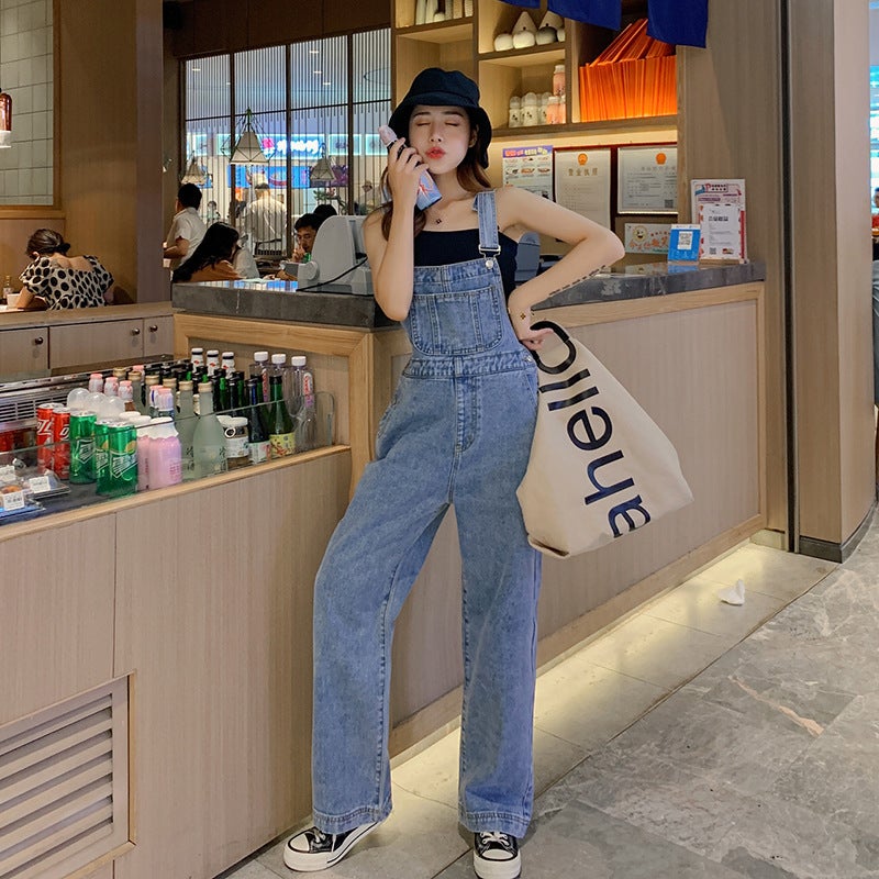 Korean Style Denim Overalls For Women, Loose Wide-Legged, New Style, High-Waisted, Slim, Versatile, Straight-Leg Overalls Jeans, Fashionable - Image 1