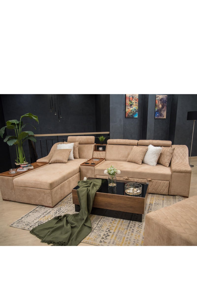 ركنة سرير حرف L + بَف – خشب زان أحمر – مقاس 300×200 سم