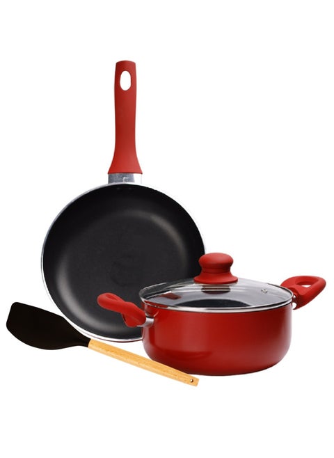Non-Stick Red Cookware Set with Frypan and casserole - Heat-Resistant Handle, Non-Stick Coating, Aluminium Material, Lid and Laddle Included