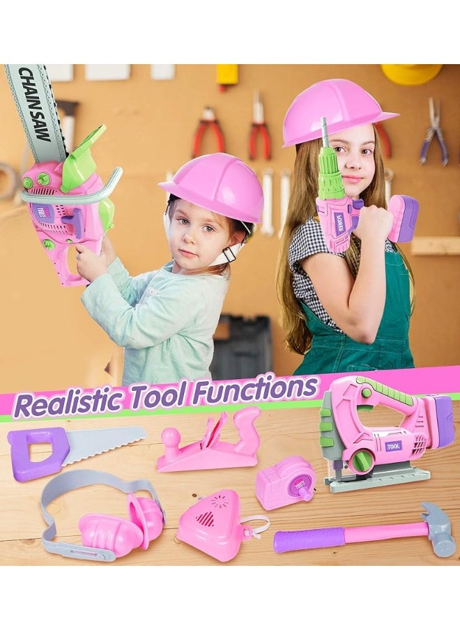 EP EXERCISE N PLAY Kids Tool Set with Electric Toy Drill Chainsaw Jigsaw Toy Tools for Girl, Realistic Kids Power Construction Pretend Play Tools Set Toddler Toys Playset Kit for Toddler Boy Girl Kid Child Tool Toy Pink  - Image 1