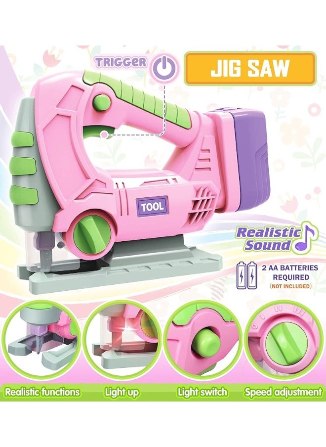 EP EXERCISE N PLAY Kids Tool Set with Electric Toy Drill Chainsaw Jigsaw Toy Tools for Girl, Realistic Kids Power Construction Pretend Play Tools Set Toddler Toys Playset Kit for Toddler Boy Girl Kid Child Tool Toy Pink  - Image 2