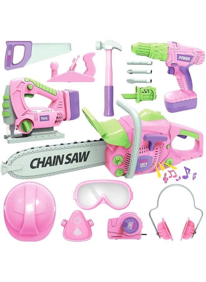 EP EXERCISE N PLAY Kids Tool Set with Electric Toy Drill Chainsaw Jigsaw Toy Tools for Girl, Realistic Kids Power Construction Pretend Play Tools Set Toddler Toys Playset Kit for Toddler Boy Girl Kid Child Tool Toy Pink  - Image 5