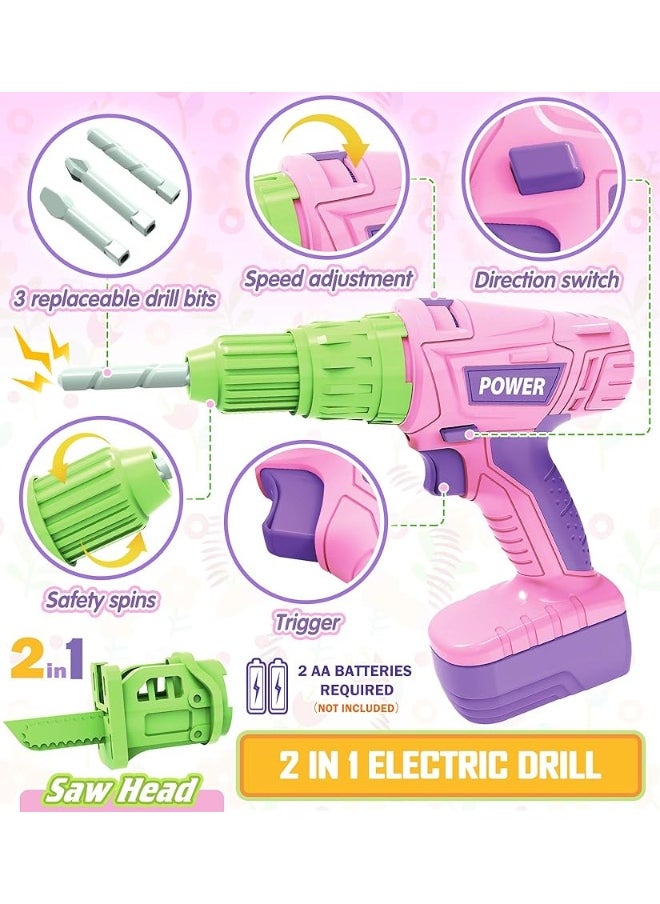 EP EXERCISE N PLAY Kids Tool Set with Electric Toy Drill Chainsaw Jigsaw Toy Tools for Girl, Realistic Kids Power Construction Pretend Play Tools Set Toddler Toys Playset Kit for Toddler Boy Girl Kid Child Tool Toy Pink  - Image 4