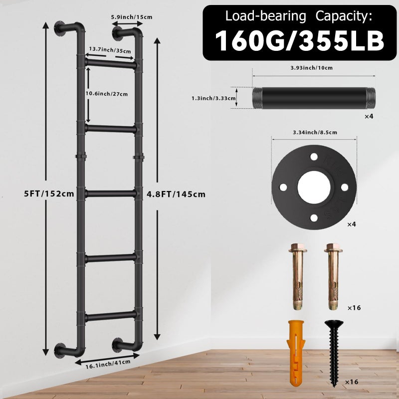 cvter 3/4/5/6/7/8FT Black Wall Mounted Steel Ladder, 5-Step Egress Ladder for Window Well, Loft, Bunk Bed, Camper, RV | Floor/Wall Mounted Indoor Safety Climb for Bedroom, Basement, Gym, Dorm & Small Spaces - Image 3