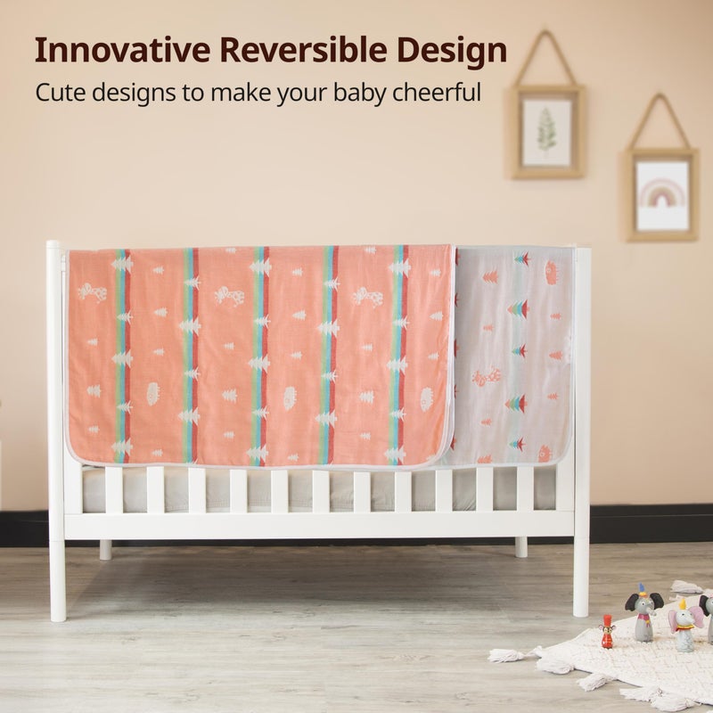 LuvLap 100% Muslin Cotton 6 Layered Reversible Baby Quilt Cum Wrapper Blanket - Peach Sheep - Image 4