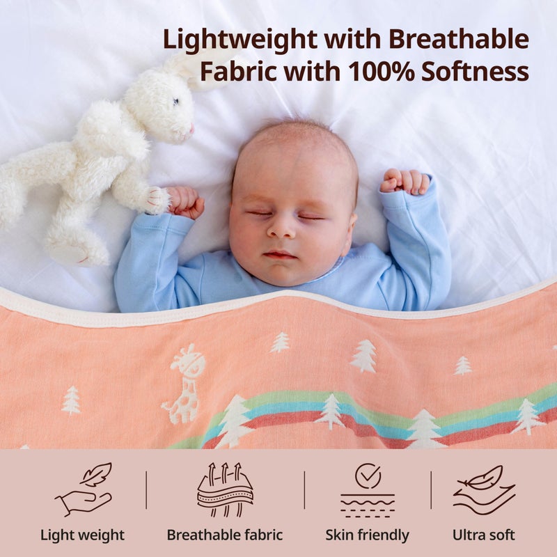 LuvLap 100% Muslin Cotton 6 Layered Reversible Baby Quilt Cum Wrapper Blanket - Peach Sheep - Image 3