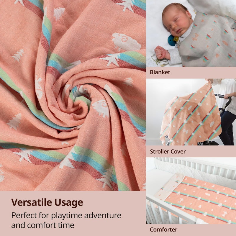 LuvLap 100% Muslin Cotton 6 Layered Reversible Baby Quilt Cum Wrapper Blanket - Peach Sheep - Image 5