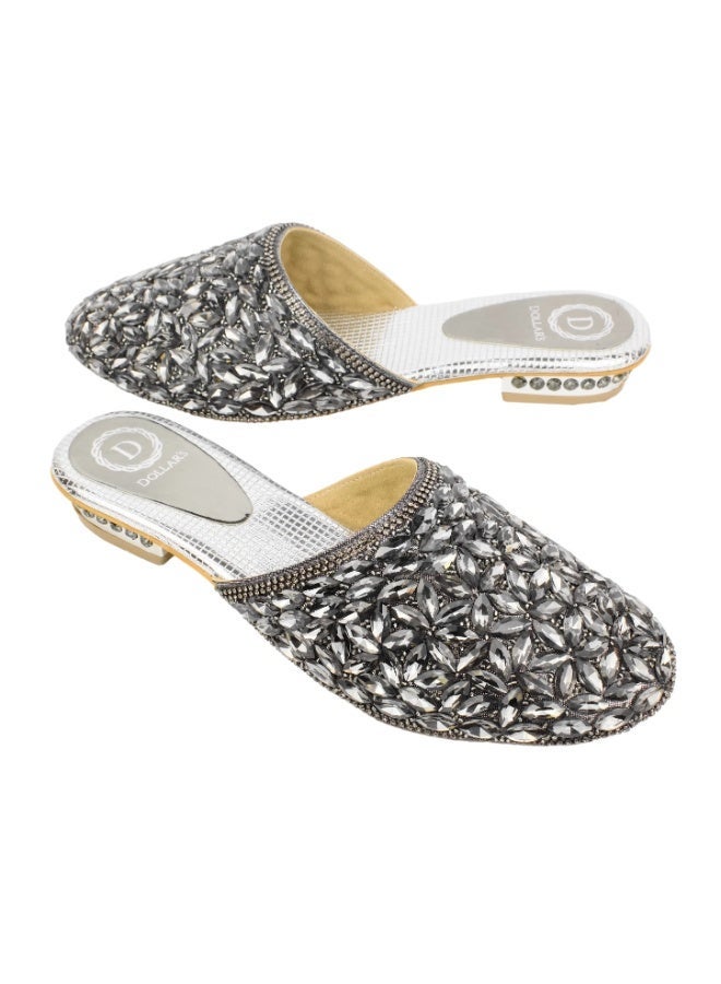 Dollar's Fashion S310F - Women Sandals, Women Mule Handcrafted Flat Slippers with Crystal Stones, Elegant Party Wear & Daily Use Designer Flats, Comfortable Slip-On Footwear for Women (Grey) - Image 1