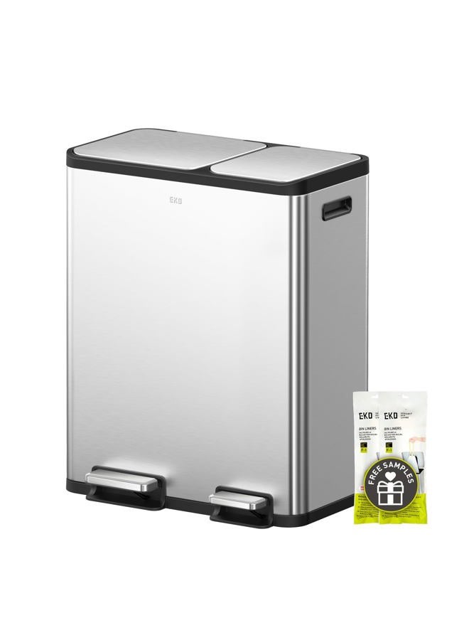 EKO EcoCasa Stainless Steel Dual Step Trash Can for Recycling, 30L+20L Rectangular Kitchen Trash Can, Independent Pedals and Lids, Soft Close and Fingerprint Resistant - Image 1
