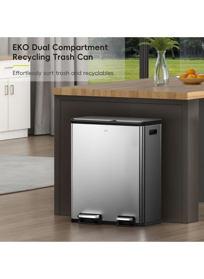 EKO EcoCasa Stainless Steel Dual Step Trash Can for Recycling, 30L+20L Rectangular Kitchen Trash Can, Independent Pedals and Lids, Soft Close and Fingerprint Resistant - Image 2