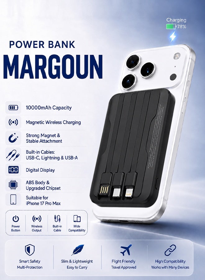 Magnetic Power Bank 10000mAh for iPhone 17 Pro – MagSafe Compatible Portable Wireless Charger with Built-in Cables Type-C, Lightning, USB black