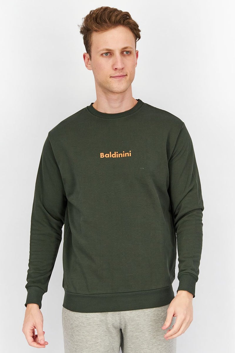 Baldinini Men Crew Neck Brand Logo Print Long Sleeves Sweatshirt, Green and Orange - Image 1