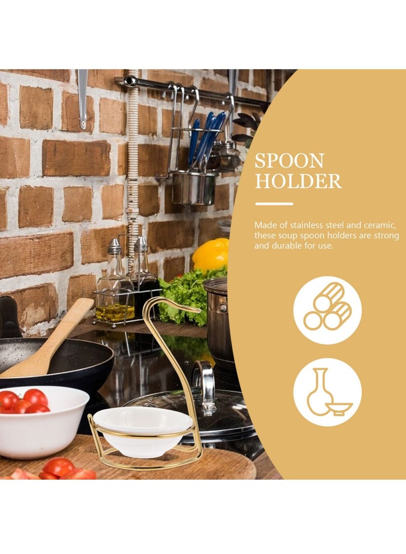 Y&D Stainless Steel Utensil Holder White Ceramic Single Ladle Spoon Rest with Swan Shape Rack Cooking Utensils Stand Gold Standing  - Image 3