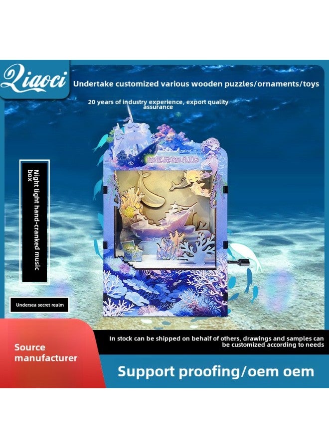 Creative Night Light Music Box Handmade Diy Assembled Toy Wooden 3d Puzzle Puzzle Hand-cranked Music Box-Color:Magic Witch Luminous Hand-cranked Music Box - Image 2
