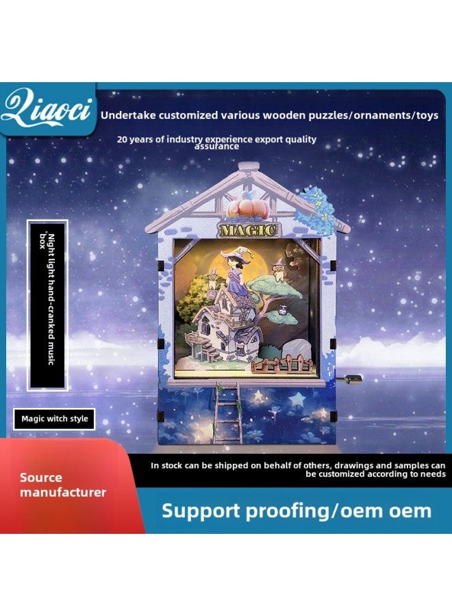 Creative Night Light Music Box Handmade Diy Assembled Toy Wooden 3d Puzzle Puzzle Hand-cranked Music Box-Color:Magic Witch Luminous Hand-cranked Music Box - Image 1