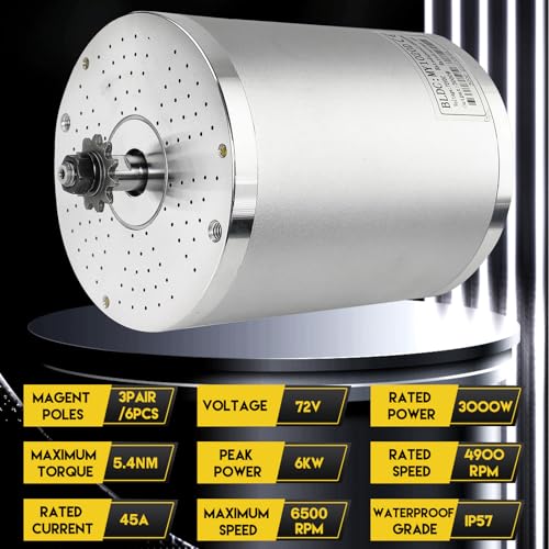 Chokayaky 72V Motor Kit 3000W Electric Brushless DC Motor Kit 4900RPM Go Kart Electric Motor 5.4N.M Electric Dirt Bike Motor No Bracket BLDC Motor for Electric Scooter Ebike Controller Ebike Throttle with Key - Image 2