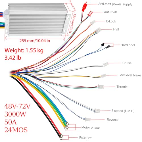 Chokayaky 72V Motor Kit 3000W Electric Brushless DC Motor Kit 4900RPM Go Kart Electric Motor 5.4N.M Electric Dirt Bike Motor No Bracket BLDC Motor for Electric Scooter Ebike Controller Ebike Throttle with Key - Image 5