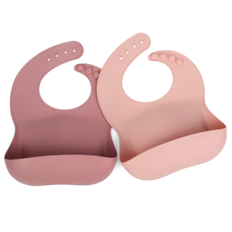 Ginbear Silicone Bibs for Babies Girl, Waterproof Adjustable Silicon Rubber Baby Feeding Bibs with Food Catcher Pocket for Toddlers 6 Months+ (Mauve/Baby Pink) - Image 1