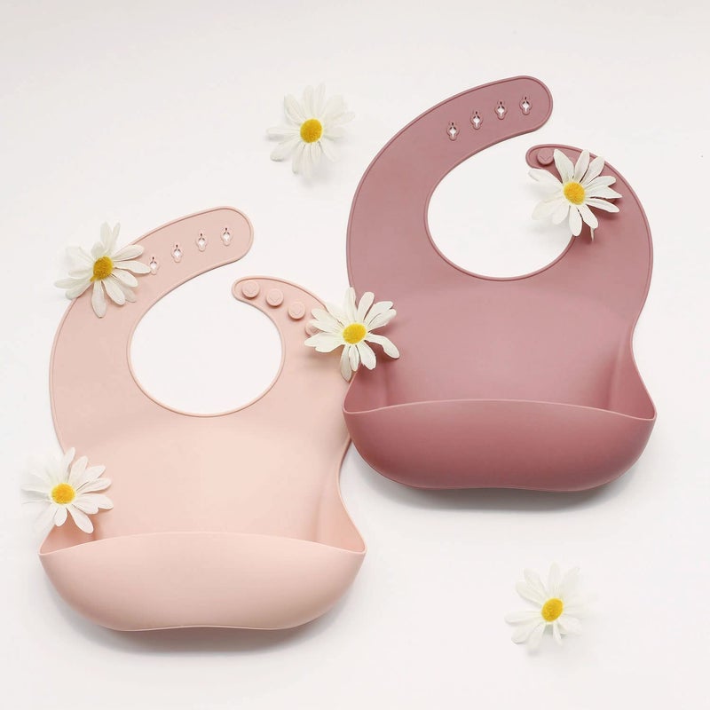 Ginbear Silicone Bibs for Babies Girl, Waterproof Adjustable Silicon Rubber Baby Feeding Bibs with Food Catcher Pocket for Toddlers 6 Months+ (Mauve/Baby Pink) - Image 2