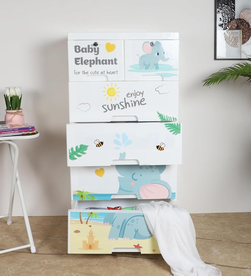 The Tickle Toe The Tickle Toe Plastic Chest of 6 Drawers MultiPurpose Storage OrganizerWardrobe for Kids For Clothes Toys With Locking Drawers Portable Kids Cabinet 51Lx33Wx103H Cm WhiteElephant Glossy 