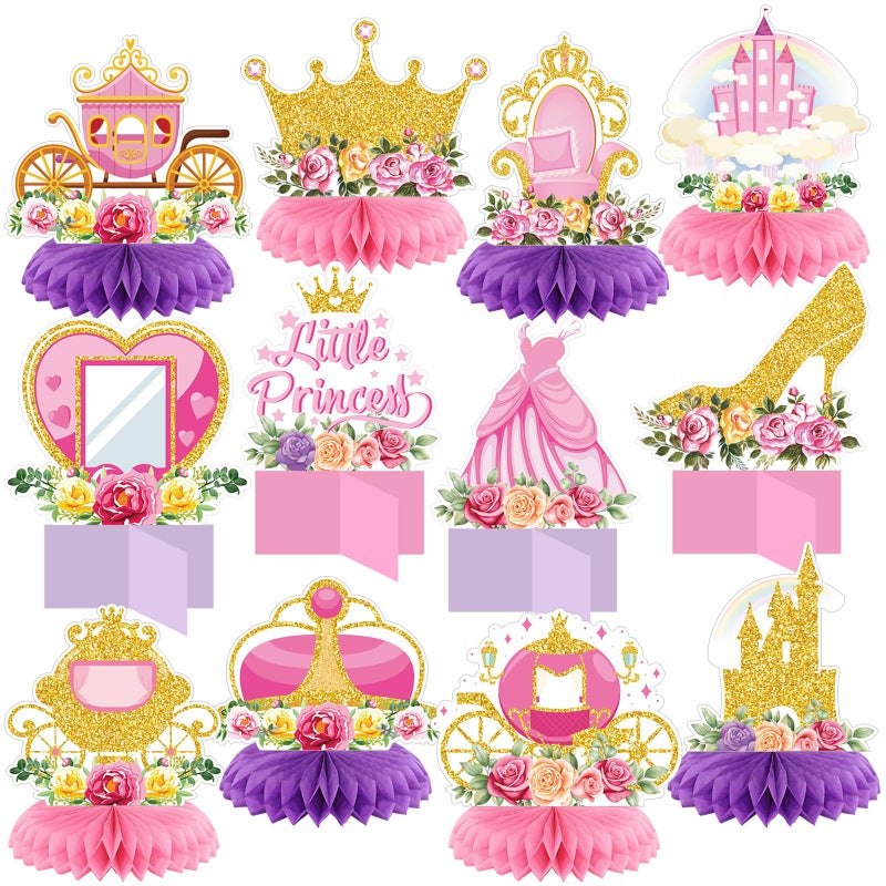 Weekgrat 12 Pcs Floral Princess Themed Birthday Party Decorations Princess Honeycomb Centerpieces Pink Gold Flowers Castle Crown Carriage Table Decoration Table Toppers for Party Favors Supplies - Image 3