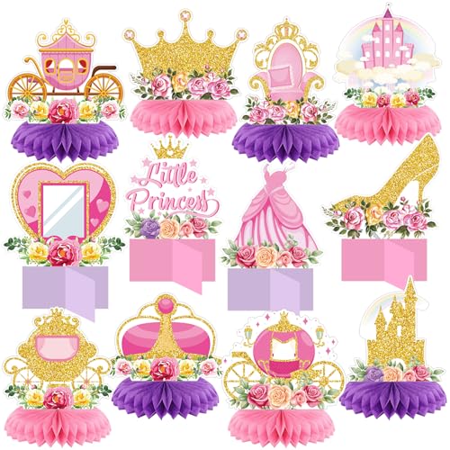 Weekgrat 12 Pcs Floral Princess Themed Birthday Party Decorations Princess Honeycomb Centerpieces Pink Gold Flowers Castle Crown Carriage Table Decoration Table Toppers for Party Favors Supplies - Image 1