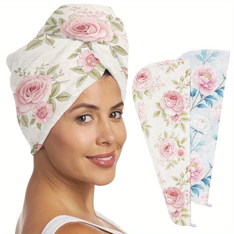 Women Spring Floral Quick Dry Hair Cap With Buttons Highly Absorbent For Wet Long Hair 1pc - Image 1