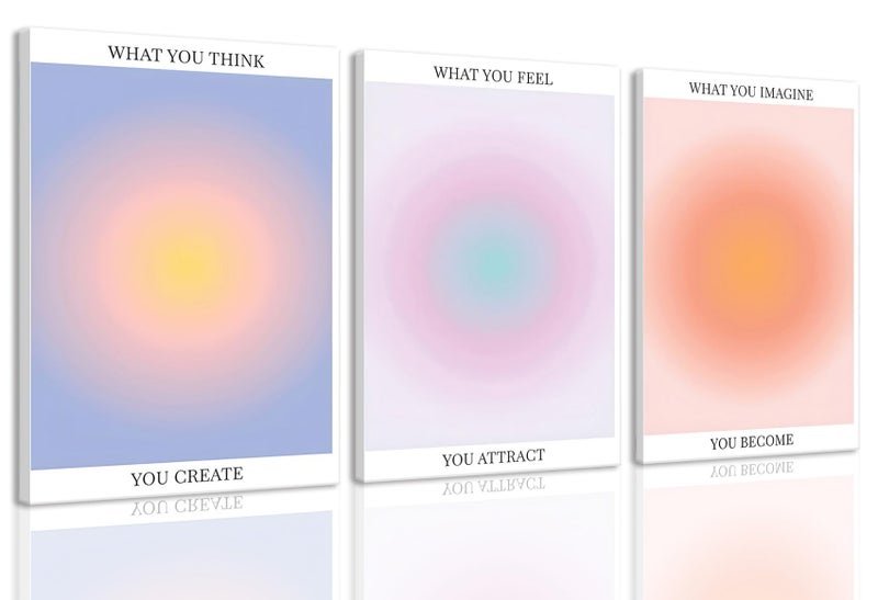 KISSFOX 3 Piece Canvas Wall Art Pink Orange Blue Wall Decor Aura Framed Art What You Think Feel Imagine Pictures Trendy Aesthetic Preppy Paintings For Apartment Dorm Women Girls Bedroom - Image 1