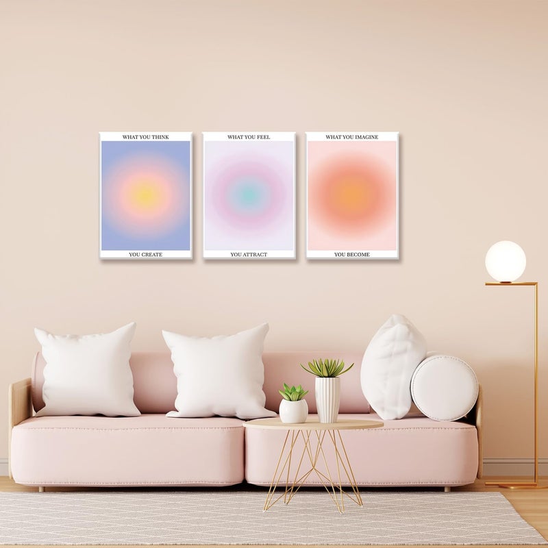 KISSFOX 3 Piece Canvas Wall Art Pink Orange Blue Wall Decor Aura Framed Art What You Think Feel Imagine Pictures Trendy Aesthetic Preppy Paintings For Apartment Dorm Women Girls Bedroom - Image 3