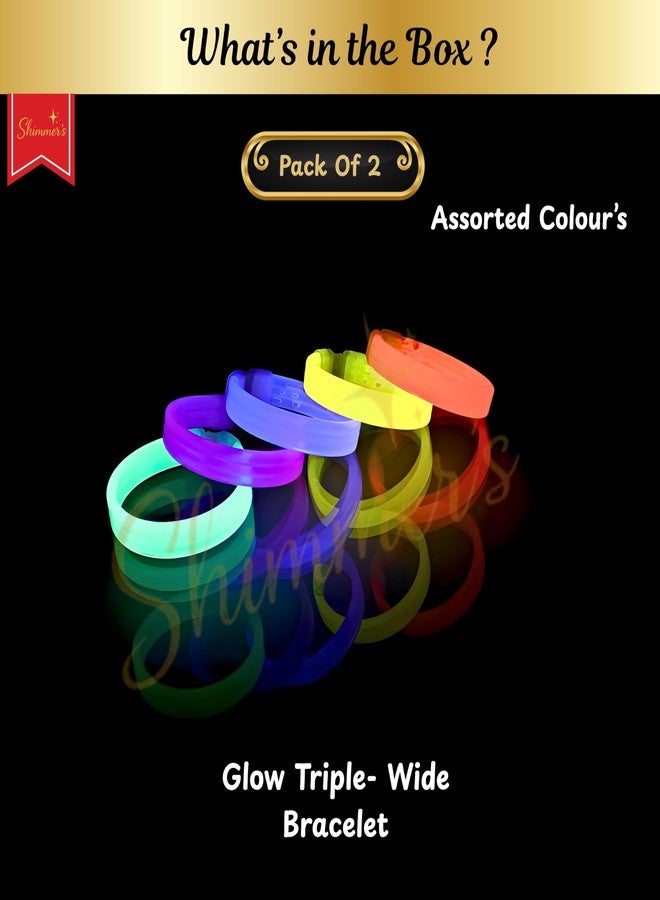Shimmers Glow Bracelets Pack of 2 (Assorted Colors) Triple Wide Neon Wrist Bands for Kids & Adults | Party Favors for Birthday, Concert, Night Events, Festivals & Celebrations - Image 3