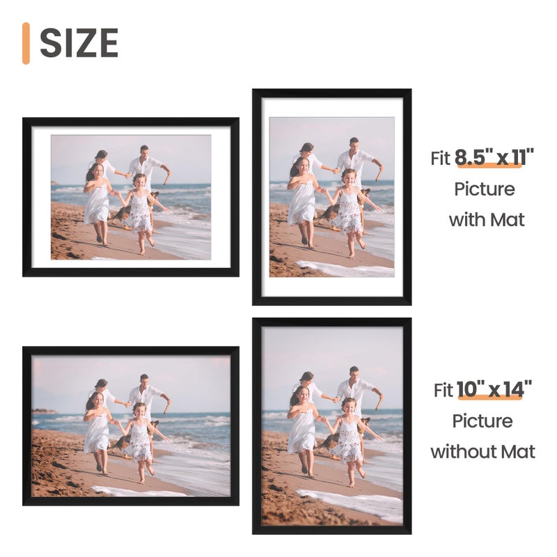 upsimples 10x14 Picture Frame, Display Pictures 8.5x11 with Mat or 10 x 14 Without, Wall Hanging Diamond Frames, Black, 1 Pack - Image 3