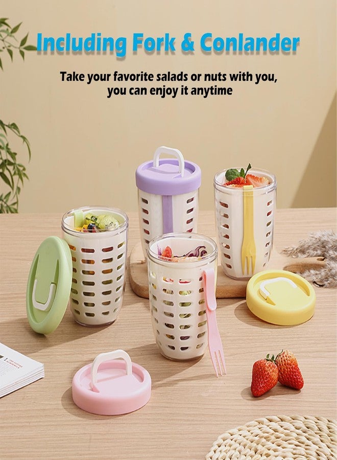 daasigwaa Fresh Fruit Salad Storage Cup To Go With Folding Handle, Lids, Fork & Drain Baskets, Reusable Leakproof Food Storage Containers With Removable Colander Keep Fresh Longer, 22 oz(Green) - Image 4