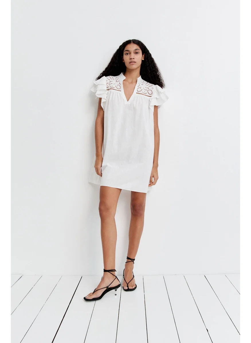 H&M Flutter-Sleeve Dress With Broderie Anglaise