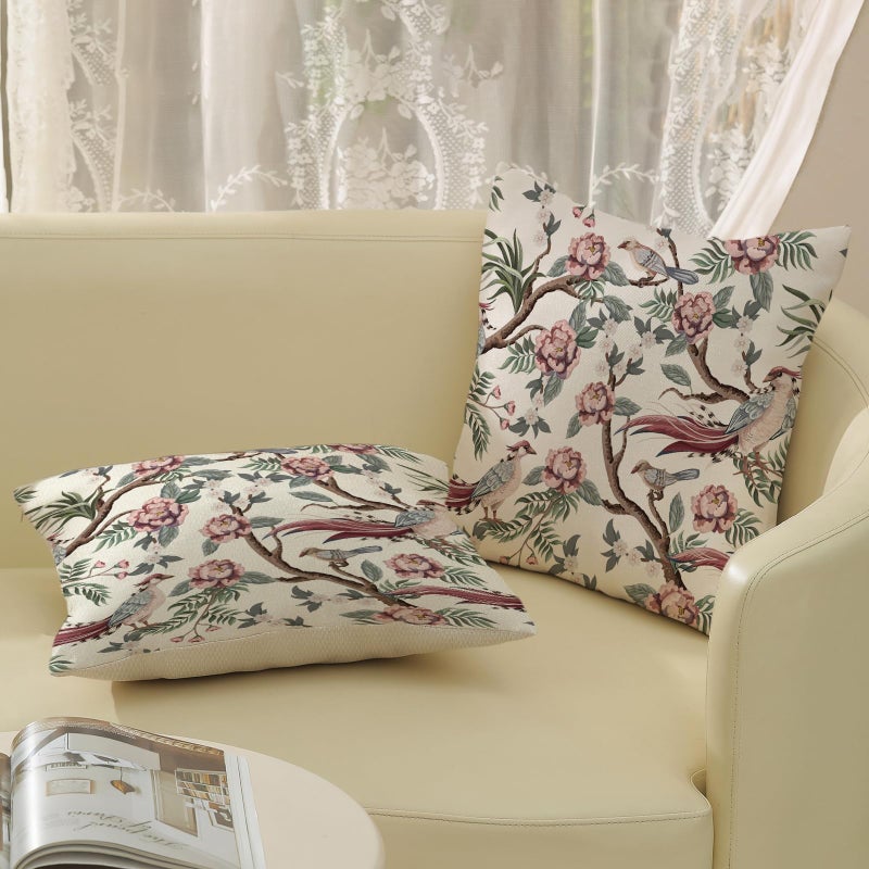 GOLIANDA Chinoiserie Pillow Covers 18x18 Set of 2 Pink Green Bird Floral Throw Pillows Vintage Pink Flower Bird Decorative Pillow Cases Chinoiserie Decor Farmhouse Outdoor Cushion Case for Couch Sofa - Image 4