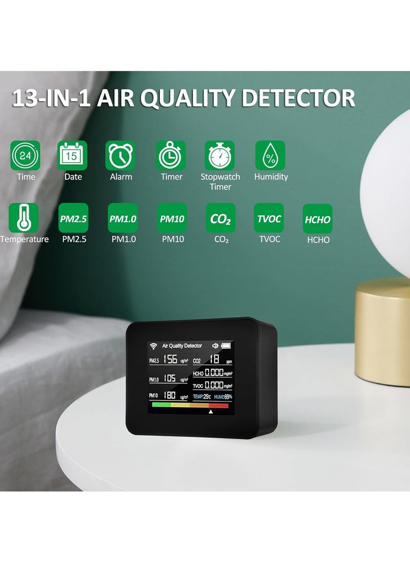 TUYA - WiFi Air Quality Meter 13-in-1 Indoor Air Quality Monitor Detects CO₂ TVOC HCHO PM2.5 PM1.0 PM10 Humidity and Temperature Time Date Alarm Timer and Stopwatch Timer with Alarm for Home Offices - Image 1