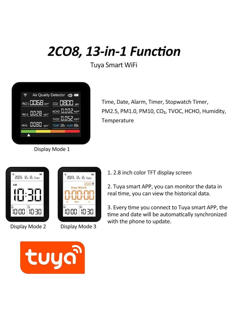 TUYA - WiFi Air Quality Meter 13-in-1 Indoor Air Quality Monitor Detects CO₂ TVOC HCHO PM2.5 PM1.0 PM10 Humidity and Temperature Time Date Alarm Timer and Stopwatch Timer with Alarm for Home Offices - Image 1