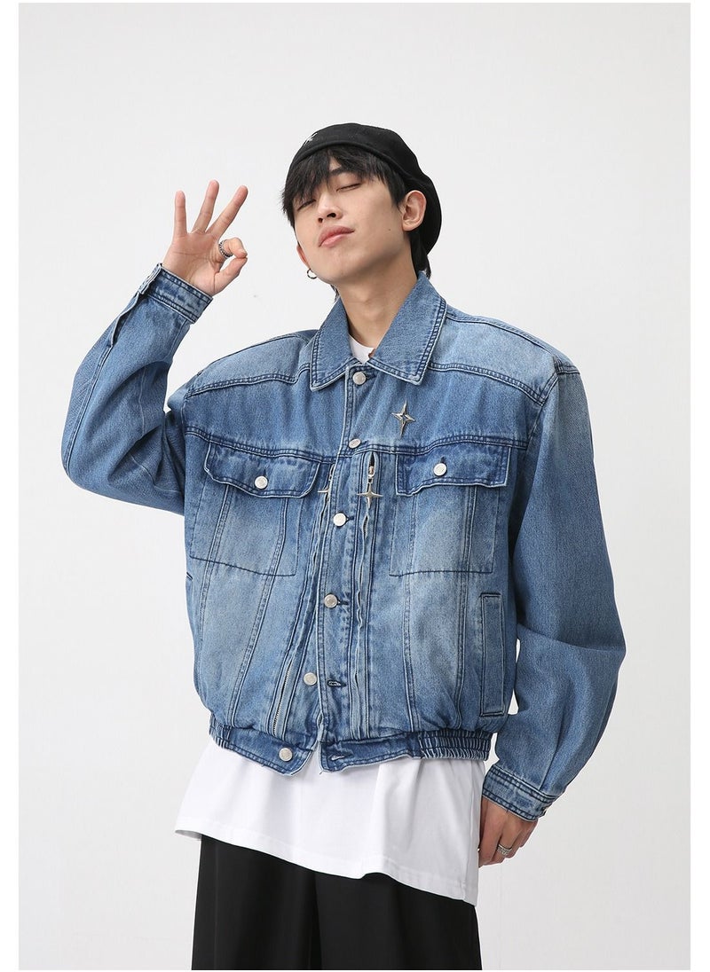 Loquat - Men's Shoulder Pad Jacket Loose Waist Elastic Design Jean Jacket Blue - Image 1
