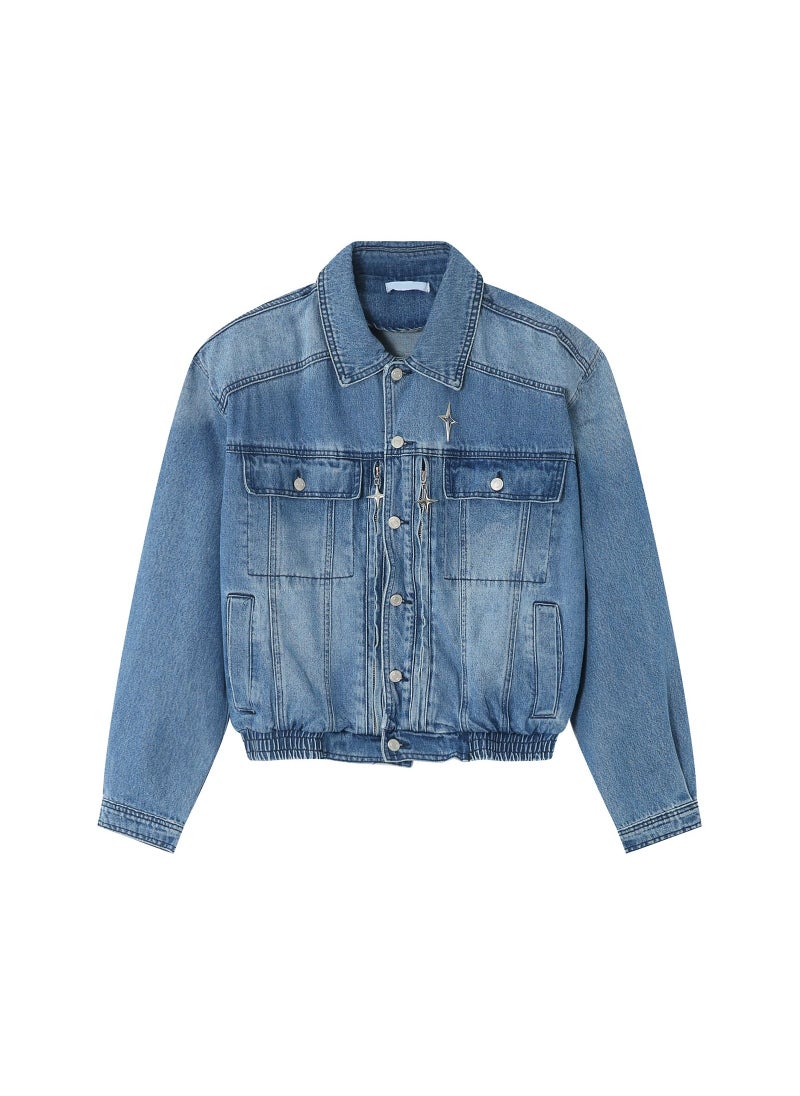 Loquat - Men's Shoulder Pad Jacket Loose Waist Elastic Design Jean Jacket Blue - Image 1