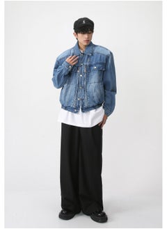 Loquat Men's Shoulder Pad Jacket Loose Waist Elastic Design Jean Jacket Blue  - Image 3