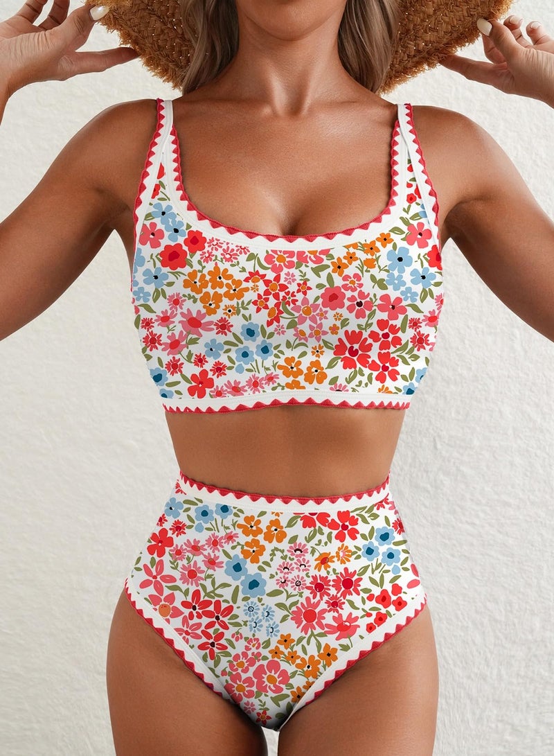 Herseas Women's Bikini Sets Floral Color Block Trim 2 Piece Swimsuit High Waisted Scoop Free Wire Sporty Bathing Suits Vintage Holiday Outfits 2026 Summer Pink Ditsy X-Small - Image 3