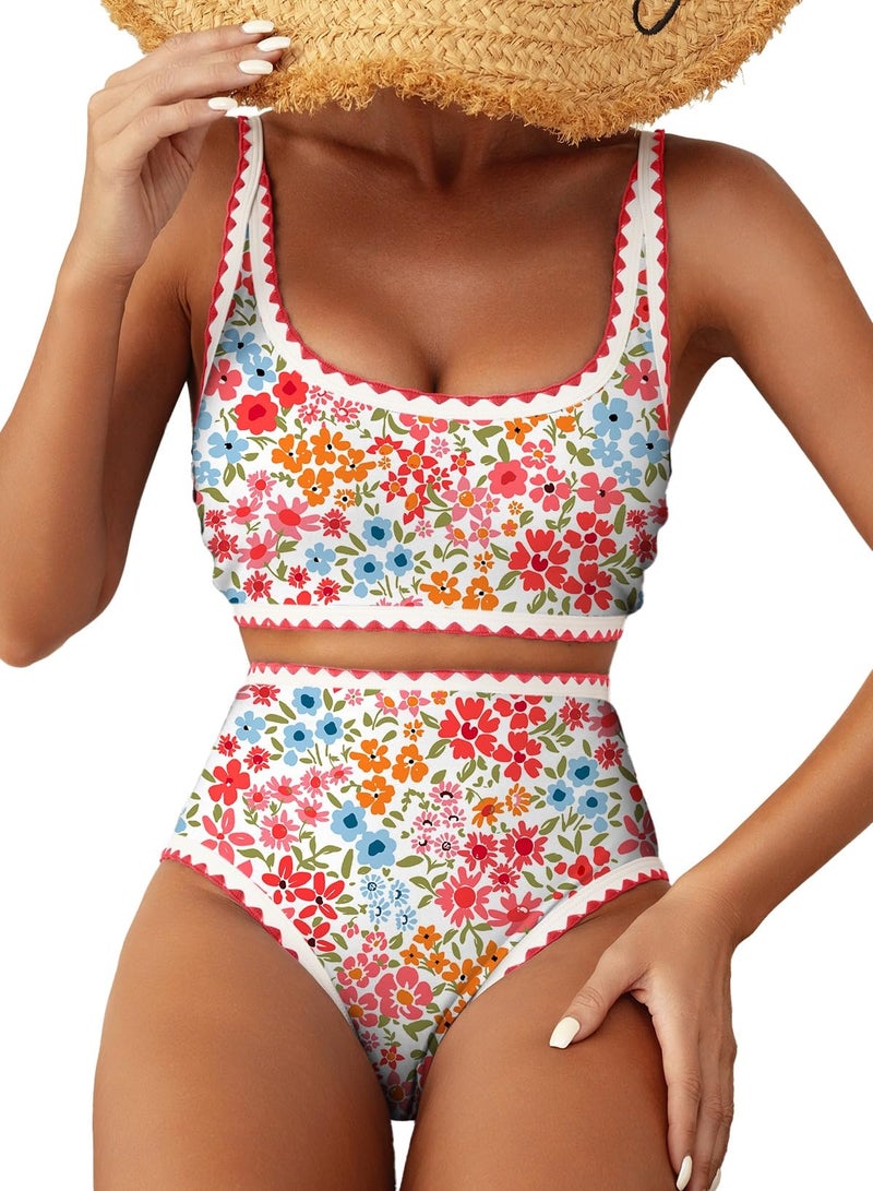 Herseas Women's Bikini Sets Floral Color Block Trim 2 Piece Swimsuit High Waisted Scoop Free Wire Sporty Bathing Suits Vintage Holiday Outfits 2026 Summer Pink Ditsy X-Small - Image 1
