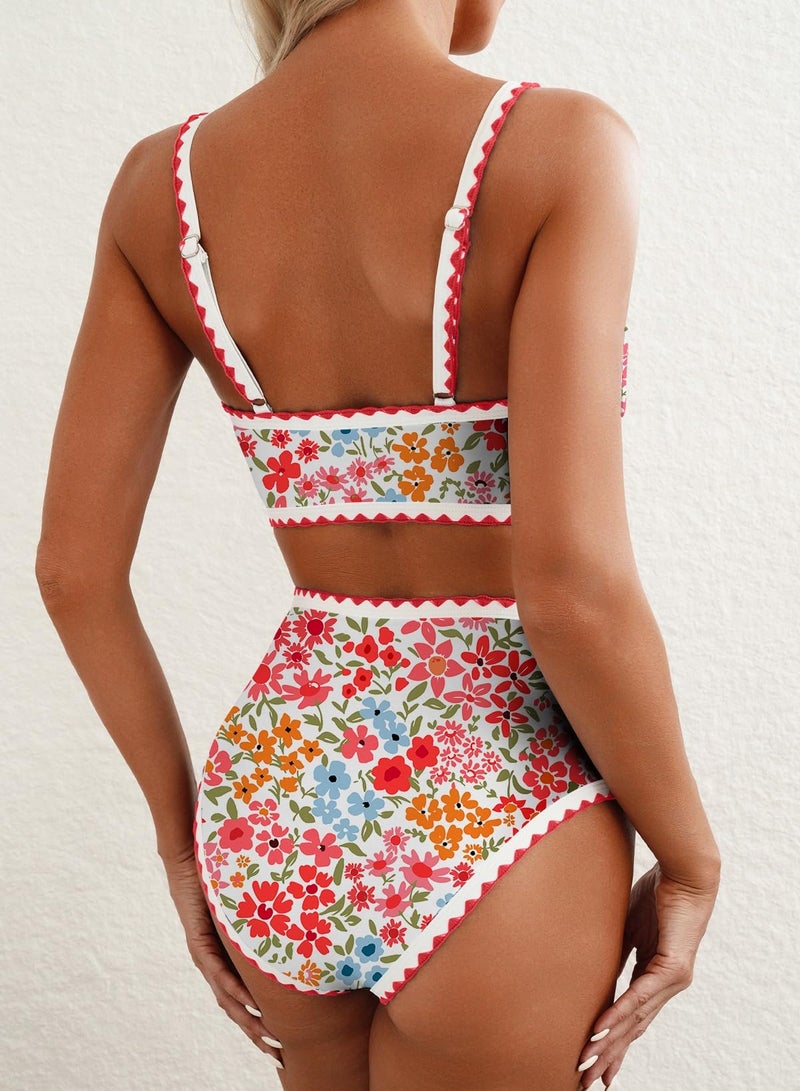 Herseas Women's Bikini Sets Floral Color Block Trim 2 Piece Swimsuit High Waisted Scoop Free Wire Sporty Bathing Suits Vintage Holiday Outfits 2026 Summer Pink Ditsy X-Small - Image 2