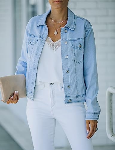 luvamia Women's Casual Basic Button Down Stretch Regular Fit Long Sleeves Denim Jean Jacket Azure Mood Size XX-Large - Image 2