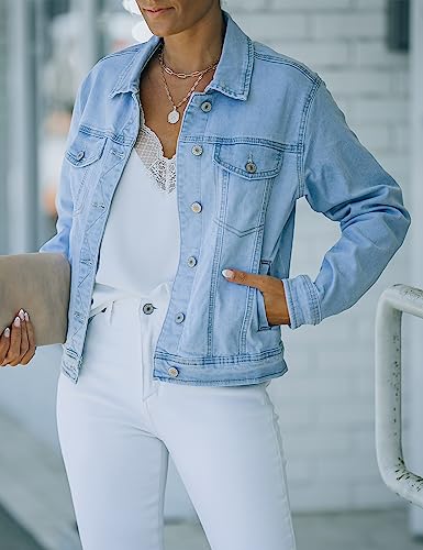 luvamia Women's Casual Basic Button Down Stretch Regular Fit Long Sleeves Denim Jean Jacket Azure Mood Size XX-Large - Image 3