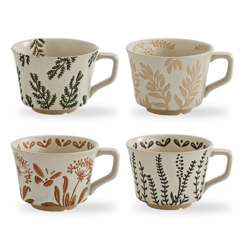 Swuut 12 oz Vintage Ceramic Coffee Mug Set of 4 - Handmade Stoneware Pottery Countryside Farmhouse Fall Autumn Tea Mugs with Big Handle for Latte,Cocoa,Dishwasher & Microwave Safe Cups (Plants) - Image 1