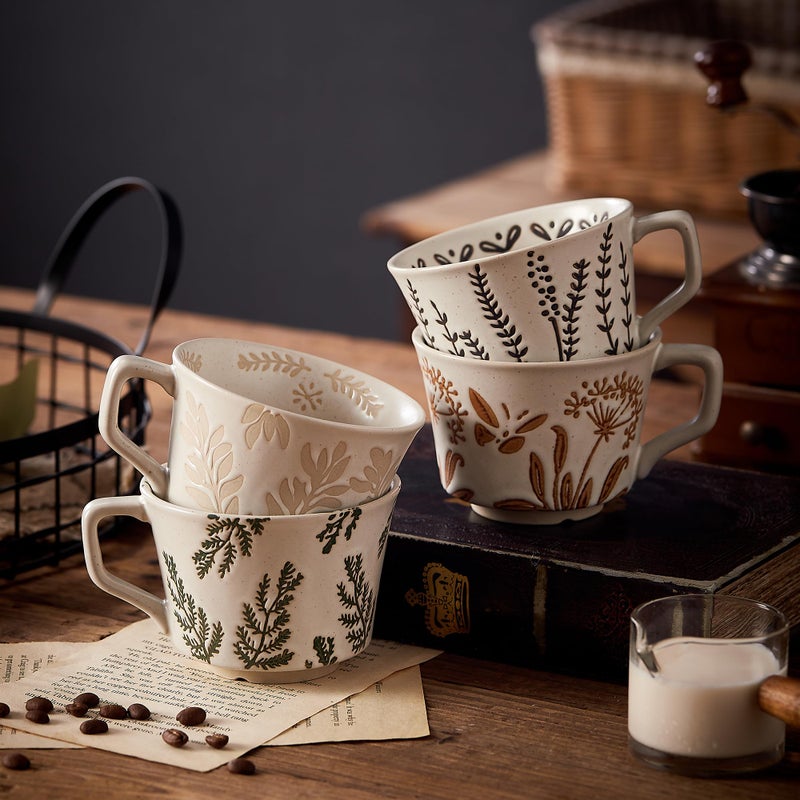 Swuut 12 oz Vintage Ceramic Coffee Mug Set of 4 - Handmade Stoneware Pottery Countryside Farmhouse Fall Autumn Tea Mugs with Big Handle for Latte,Cocoa,Dishwasher & Microwave Safe Cups (Plants) - Image 2
